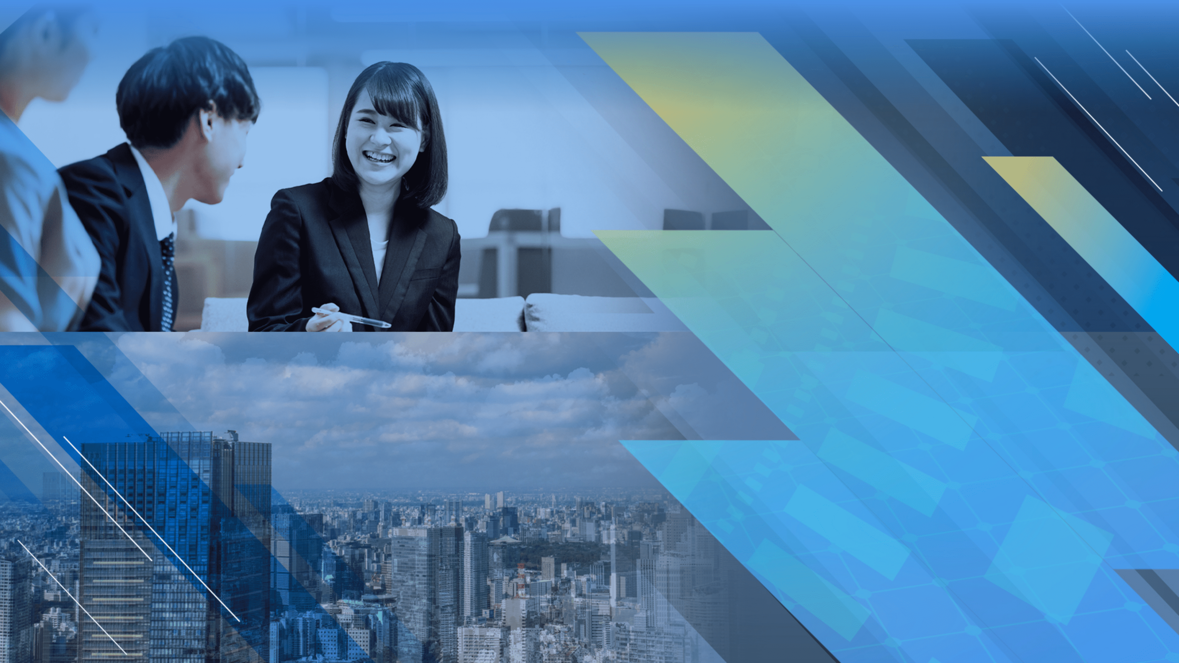 談笑する社員とビル群
