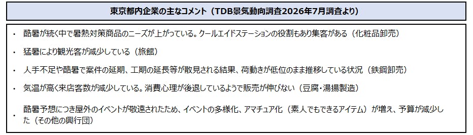 東京都内企業の主なコメント（TDB景気動向調査2026年7月調査より）