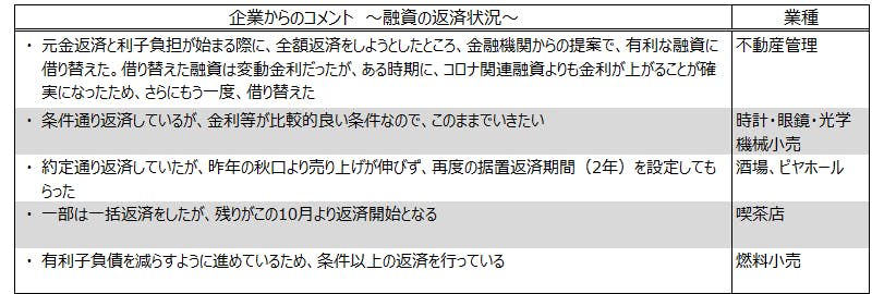 図表３　企業からのコメント～融資の返済状況～
